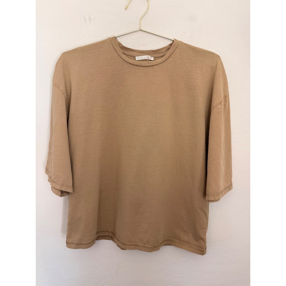 Zara Womens Oversized 100% Cotton Crew Neck Minimalist T-Shirt Tan Brown Size M